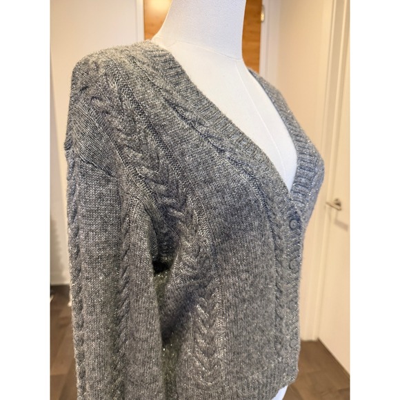 PAIGE Sofie Cardigan Heather Grey Silver Sparkle Cable Knit V Neck Button Small - Picture 3 of 7